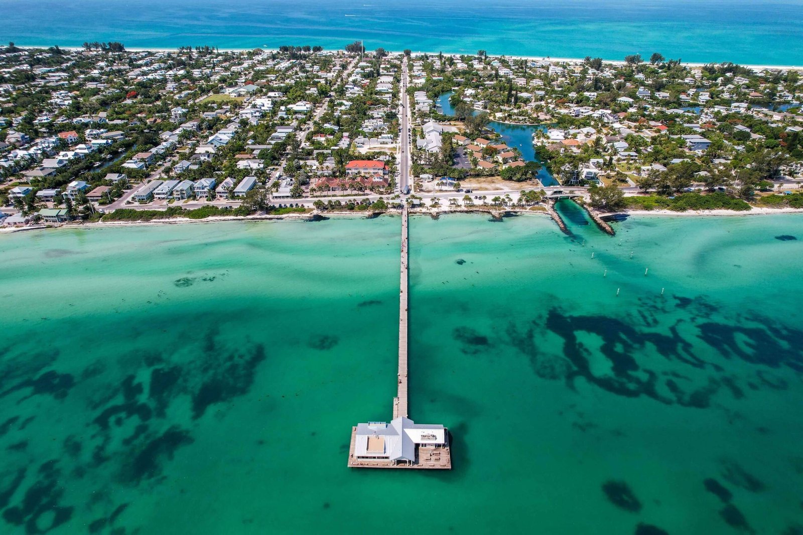 Aerial view of a pier on Anna Maria Island