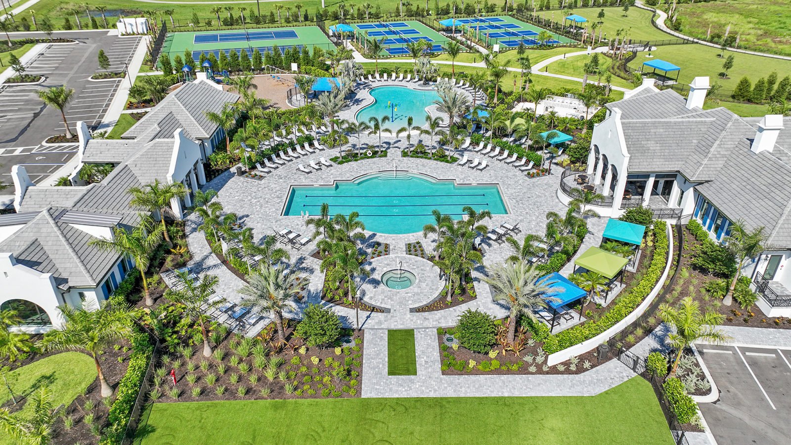 Aerial view of a Lakewood Ranch community pool