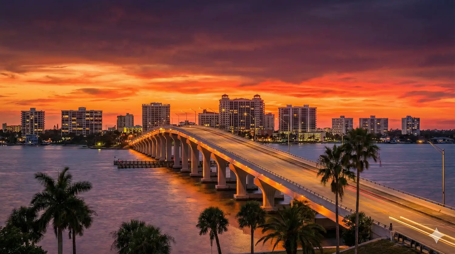 Sarasota skyline and bridge at sunset