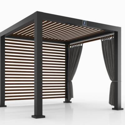Cabana X with a horizontal slat privacy wall and curtains