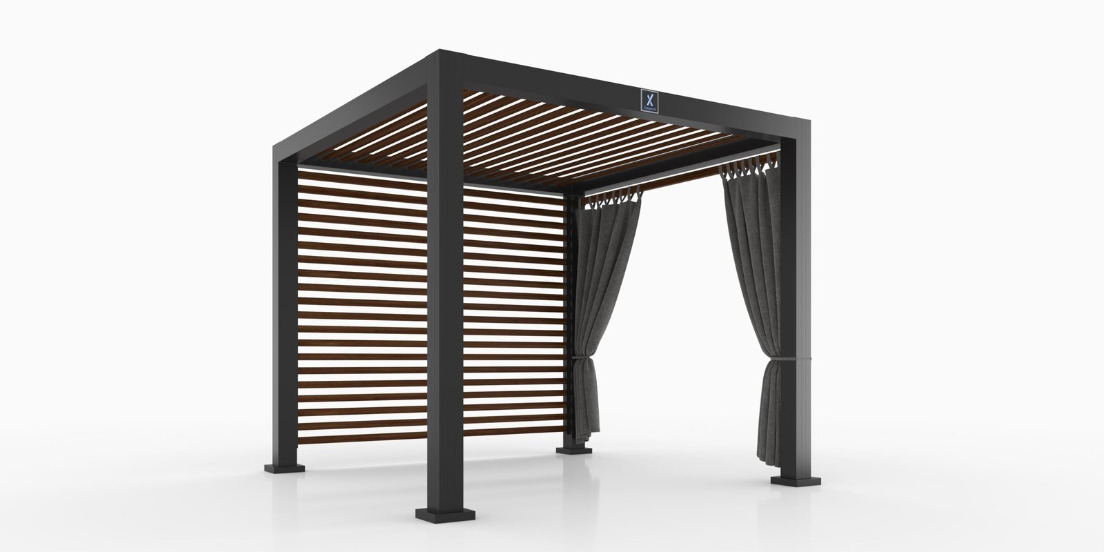 Cabana X with a horizontal slat privacy wall and curtains