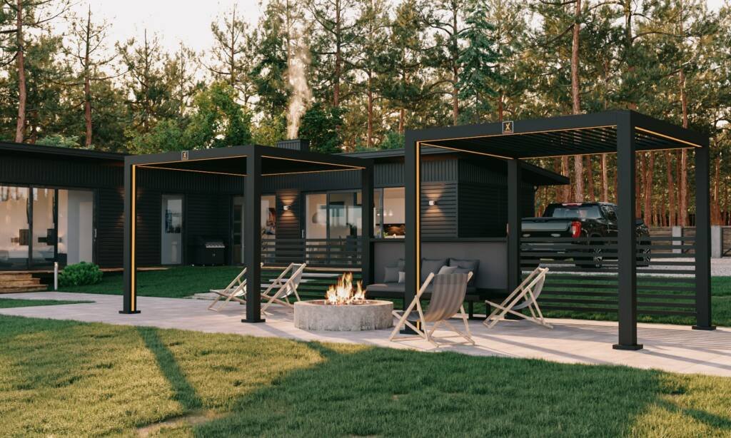 Black Cabana X cabanas on a lawn with a fire pit