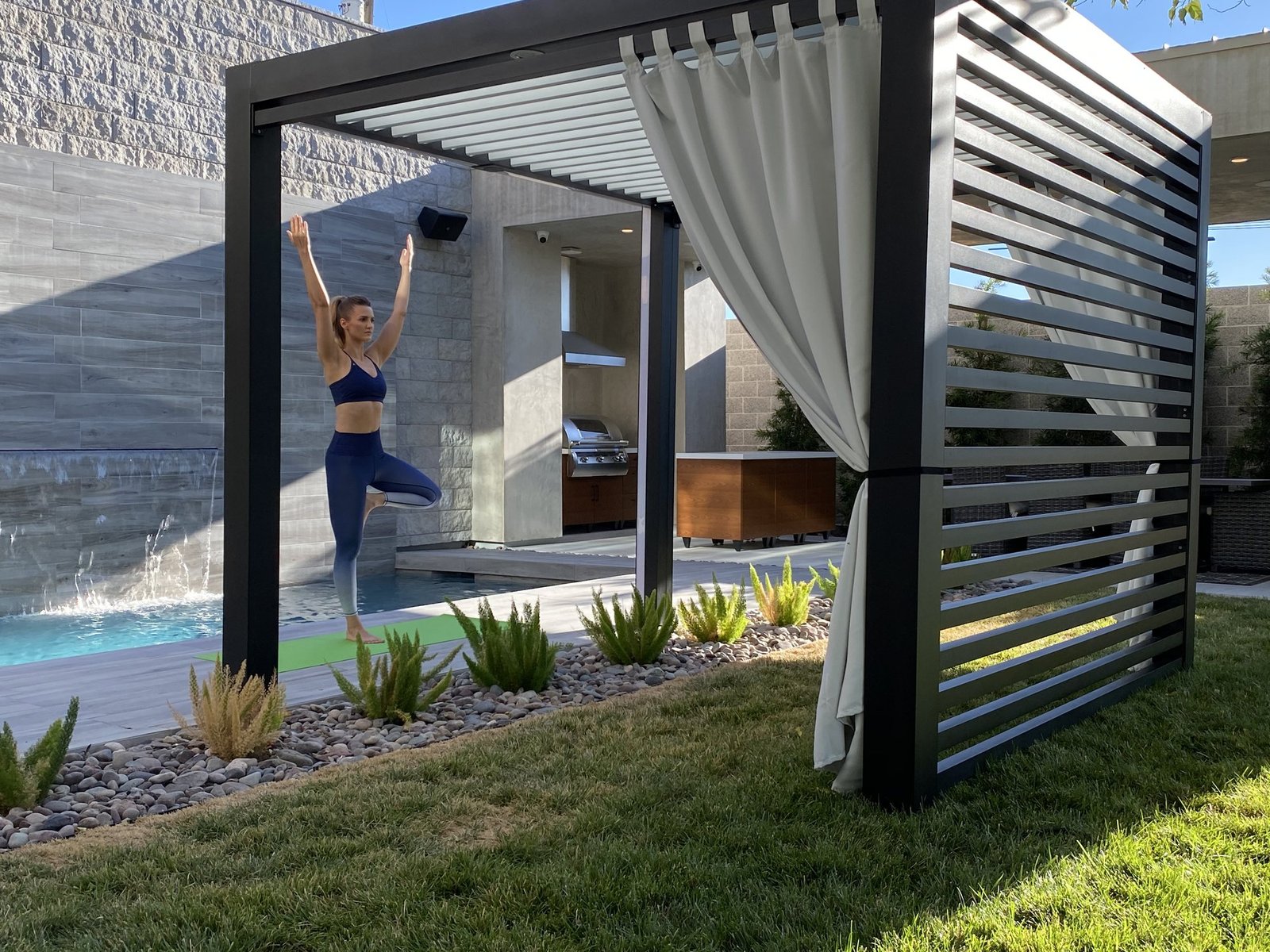 Morning stretch under a Cabana X with curtains