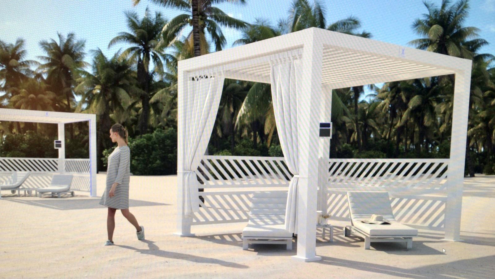 White Cabana X with curtains on a tropical beach deck