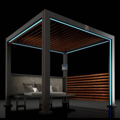 Cabana X Core+ Aspen with LED lighting, black frame and wood grain louvers