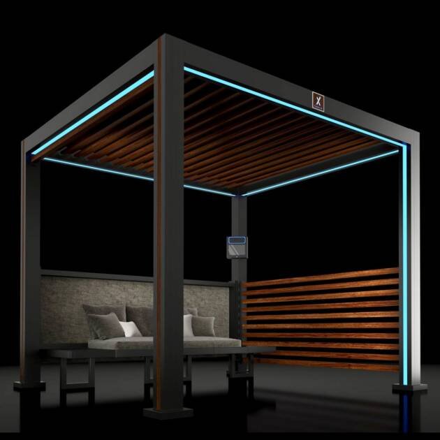 Cabana X Core+ Aspen with LED lighting, black frame and wood grain louvers