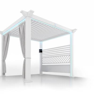 White Cabana X with white louvers, curtains and a slat wall