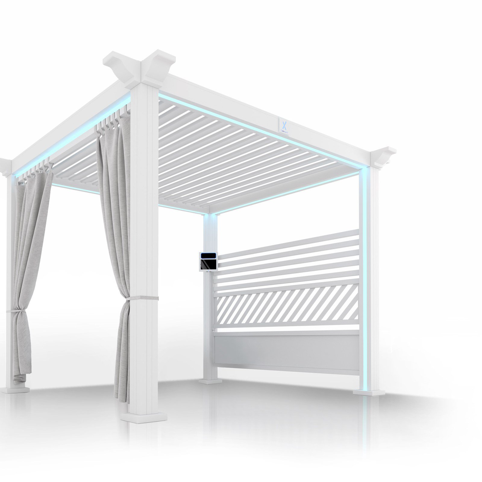 White Cabana X with white louvers, curtains and a slat wall