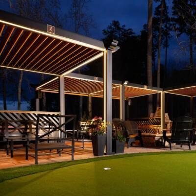 Connected Cabana X MOD Aspen cabanas lit up at night